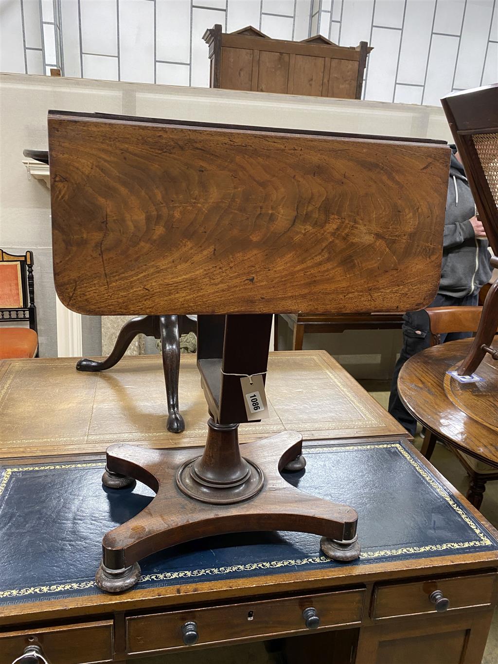 A William IV mahogany drof flap work table, width 43cm, depth 54cm, height 72cm